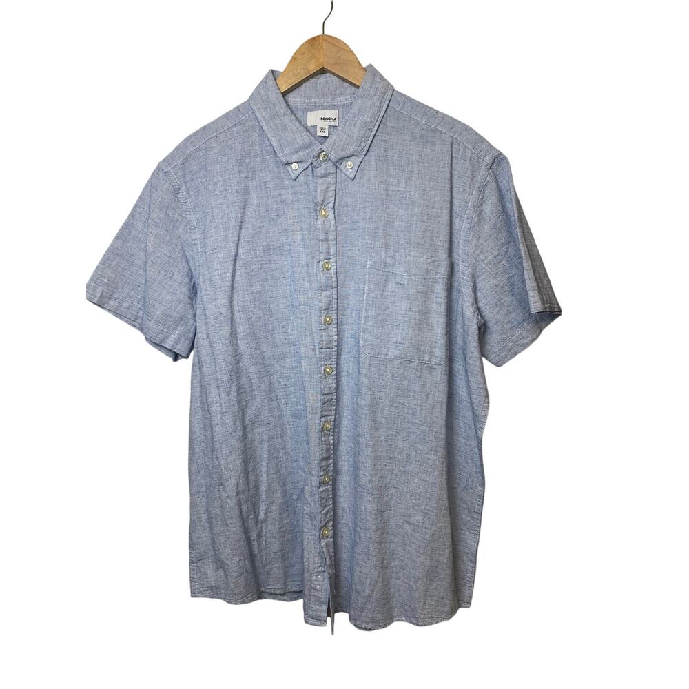 Light Blue Cotton/Linen Blend Casual Short Sleeve Button Down Men's Size XXL